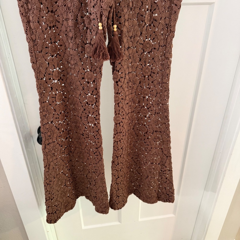 Spell & the Gypsy Helena Crochet Lace Bells Chocolate Brown Flare Pants Boho M - Picture 8 of 10